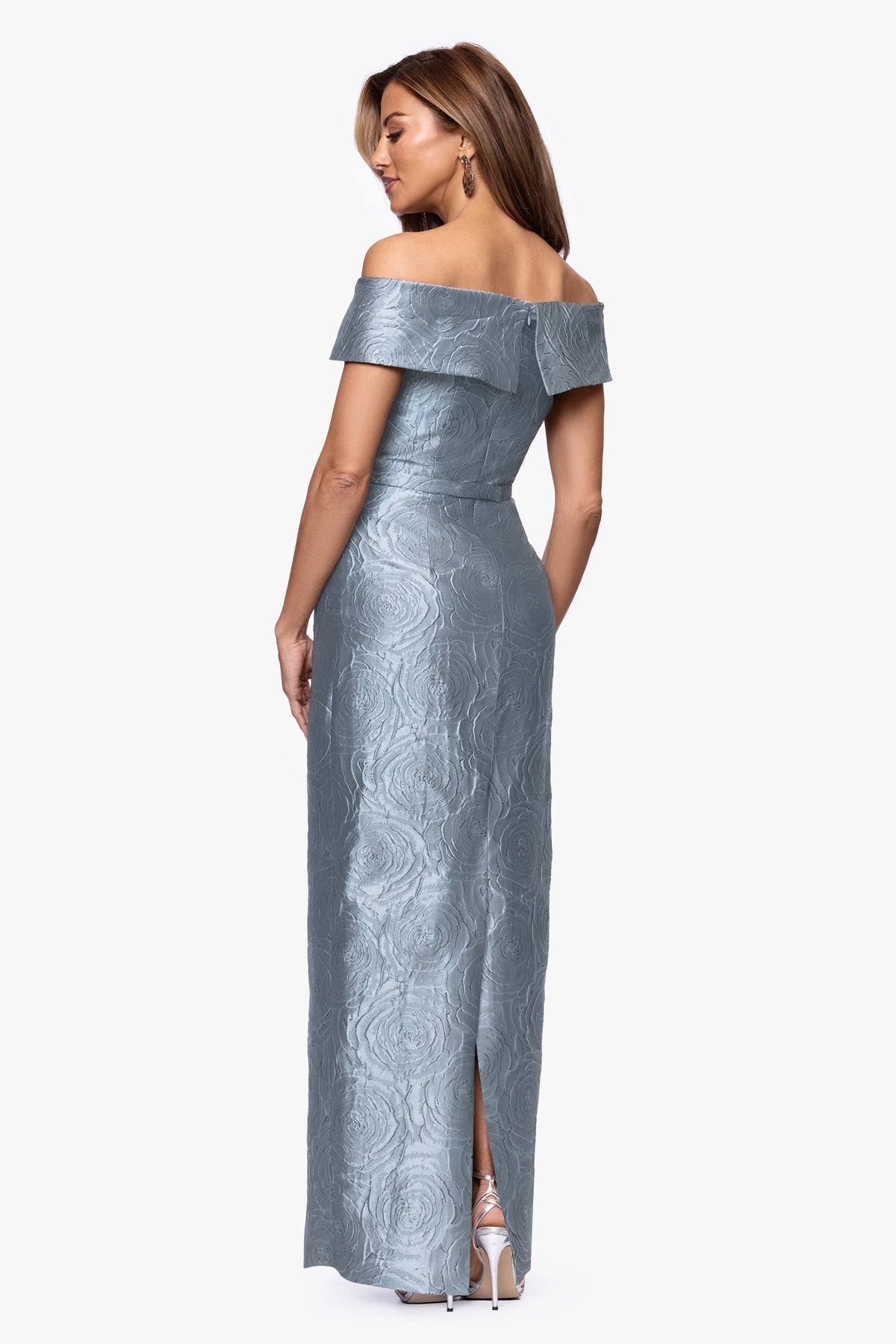 "Barbara" Jacquard Off The Shoulder Dress Slate