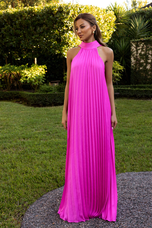 "Klaudine" Satin Mock Neck Dress Fuchsia