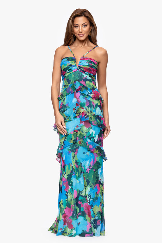 "Jayla" Print Chiffon Tiered Ruffle Dress Turquoise/Multi