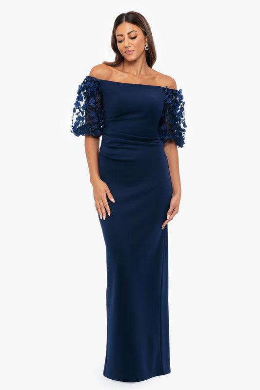 "Bernice" Techno Scuba 3D Floral Sleeve Dress Navy