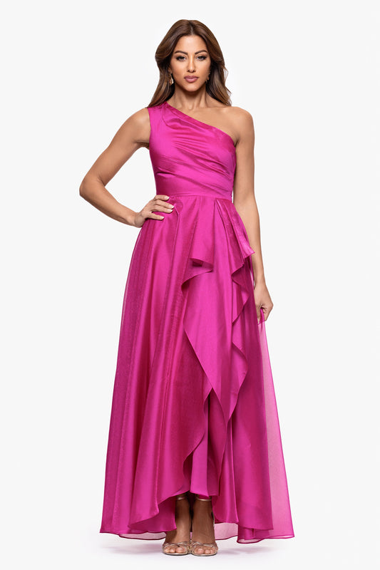 "Samantha" Organza One Shoulder Ruffle Dress Magenta
