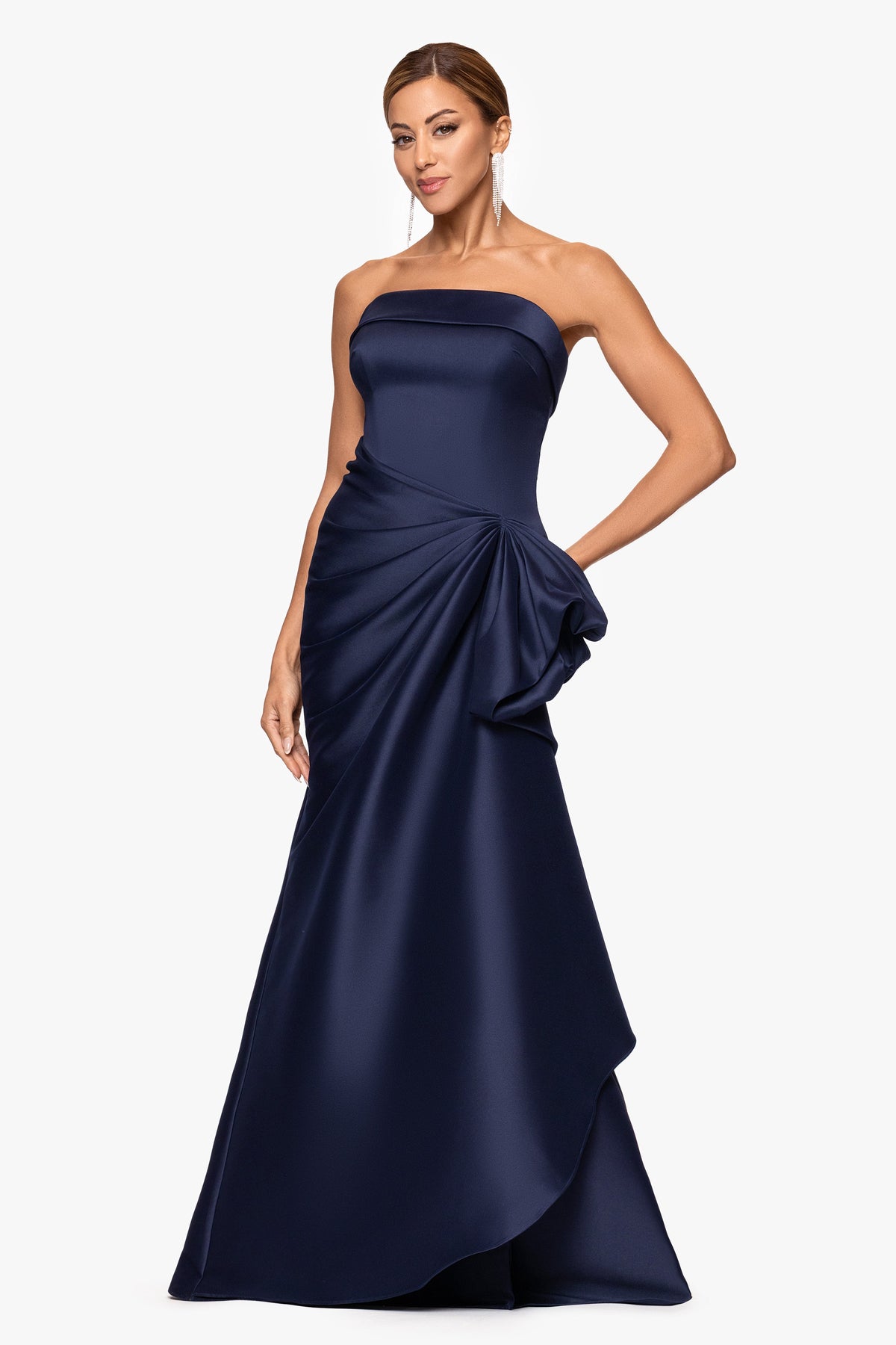 "Diana" Mikado Strapless Rouched Dress Navy