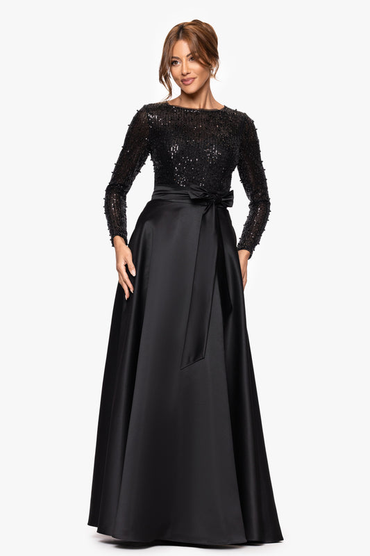 "Amanda" Satin Skirt and Sequin Bodice Long Sleeve Dress Black