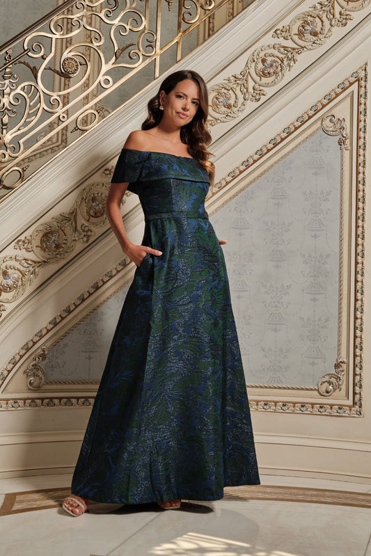 "June" Jacquard Off the Shoulder Dress Navy/Green