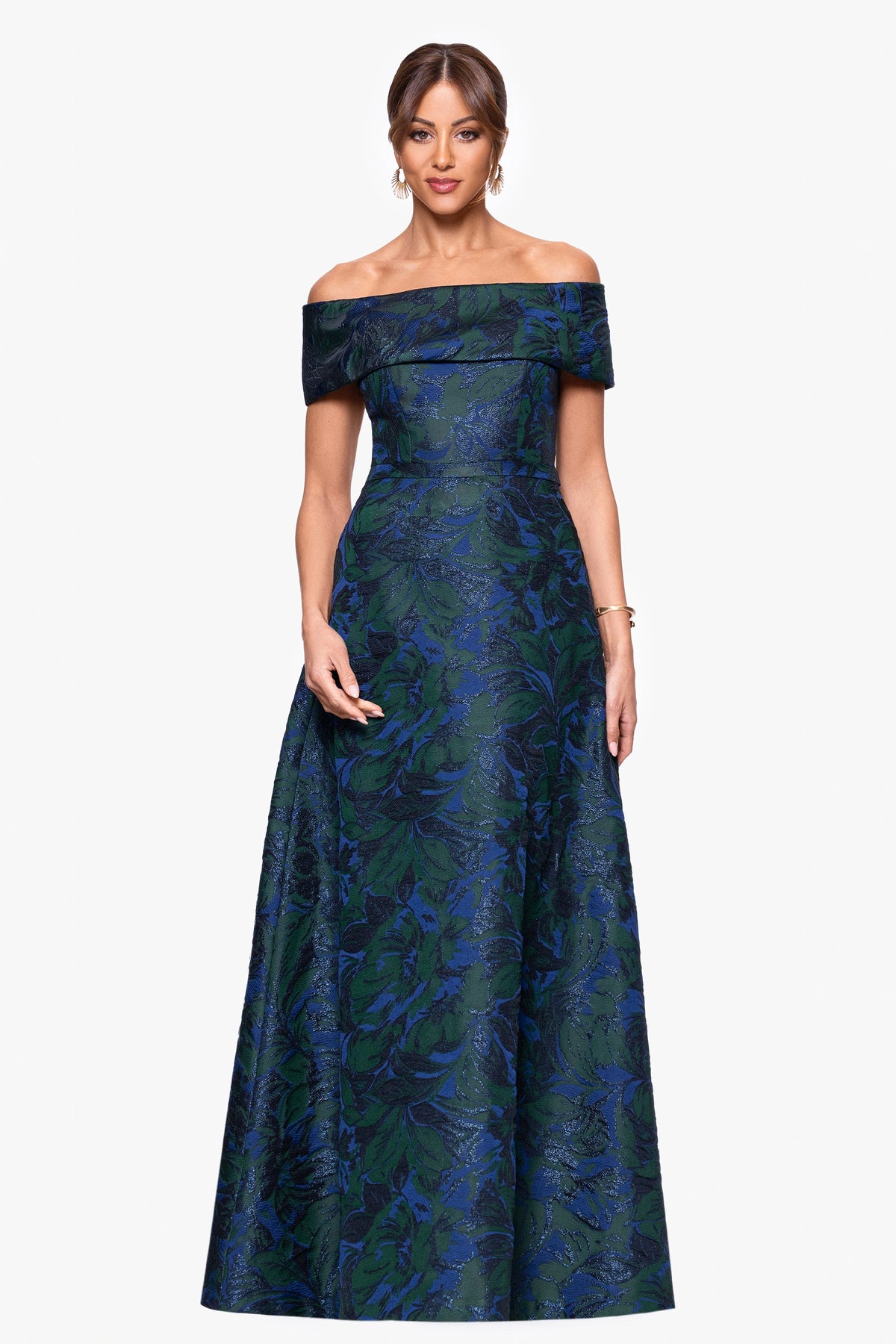 "June" Jacquard Off the Shoulder Dress Navy/Green