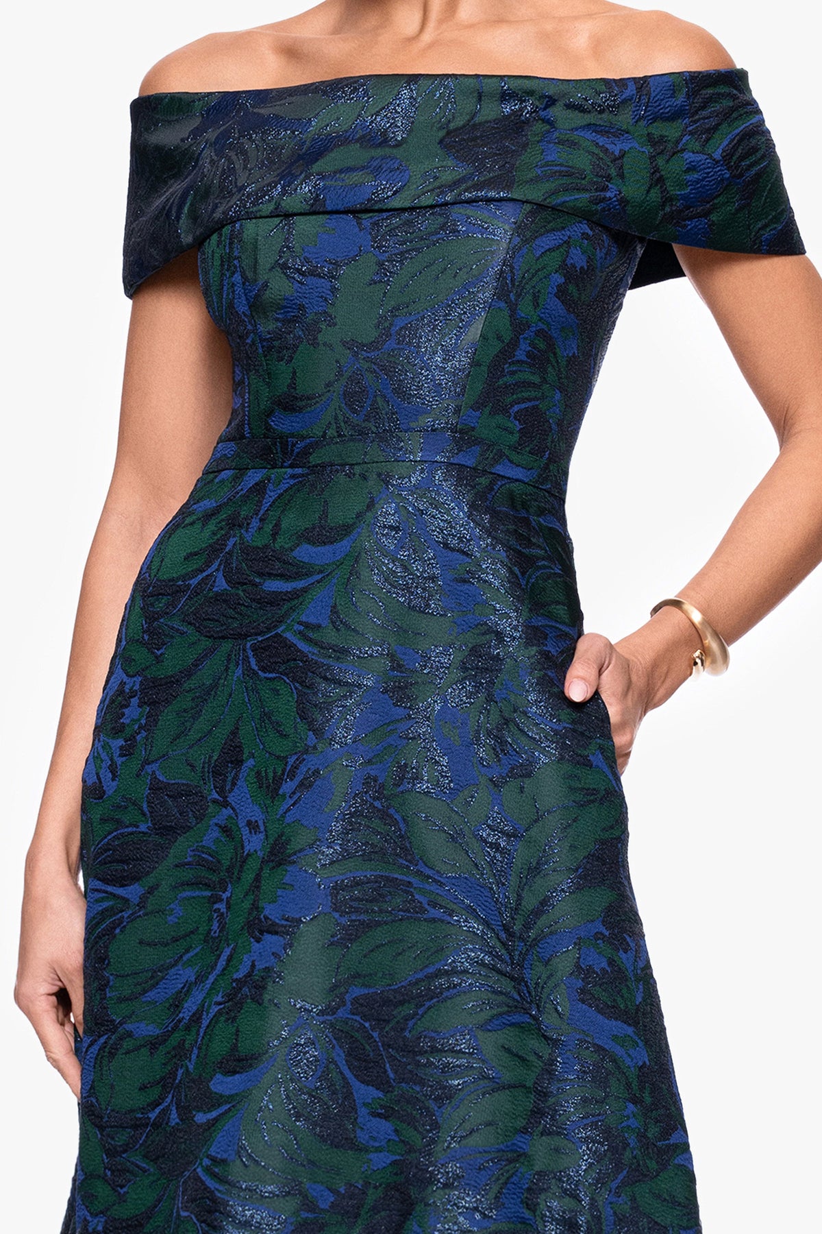 "June" Jacquard Off the Shoulder Dress Navy/Green