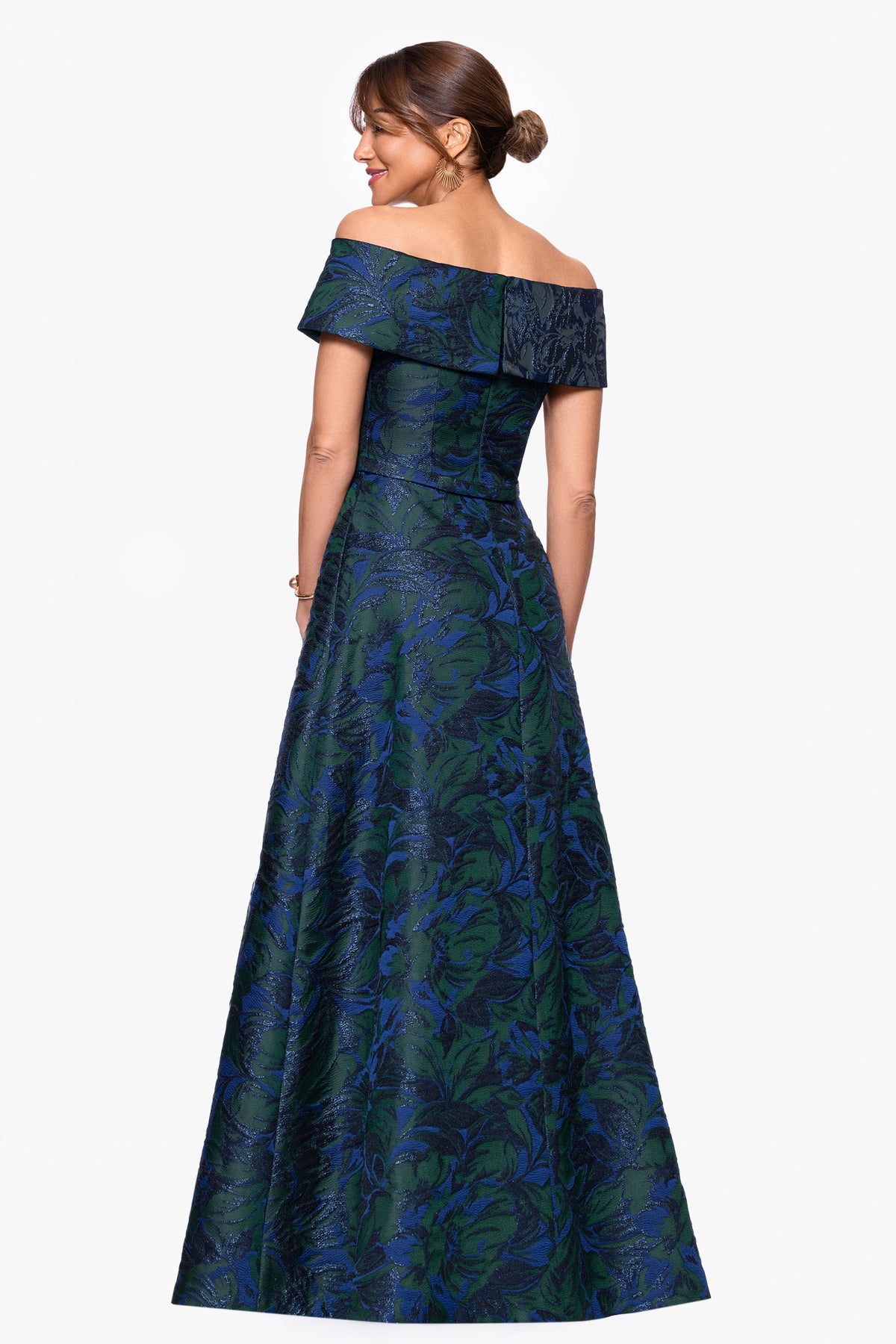 "June" Jacquard Off the Shoulder Dress Navy/Green