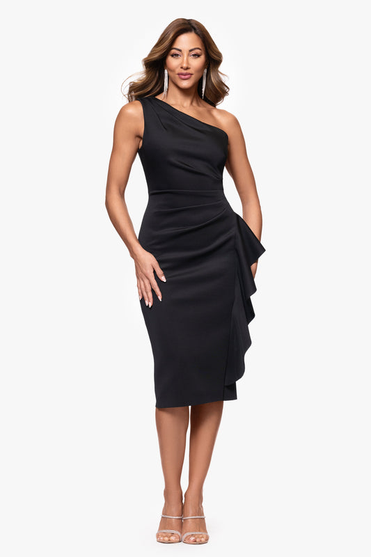 "Carrie" Techno Scuba One Shoulder Ruffle Dress Black