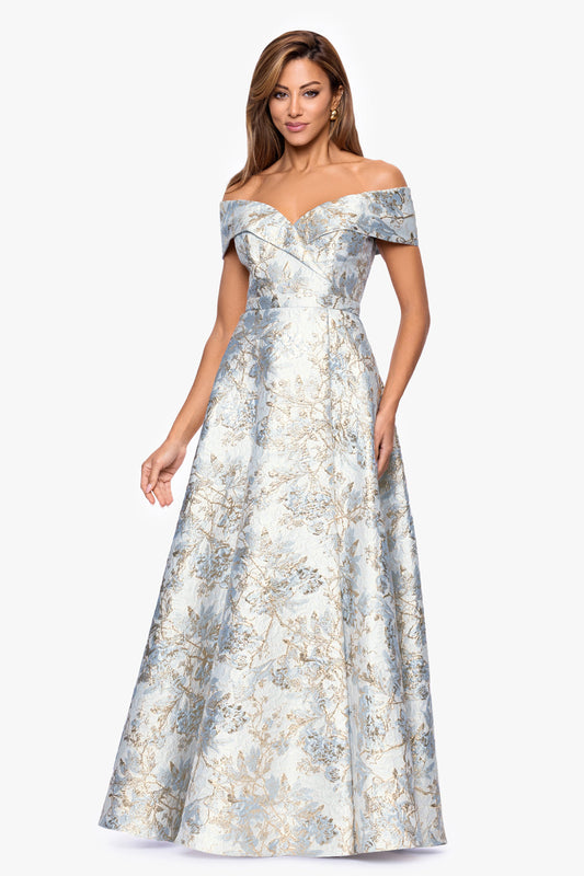 "Melissa" Brocade Off the Shoulder V-Neck Ballgown Blue/Gold