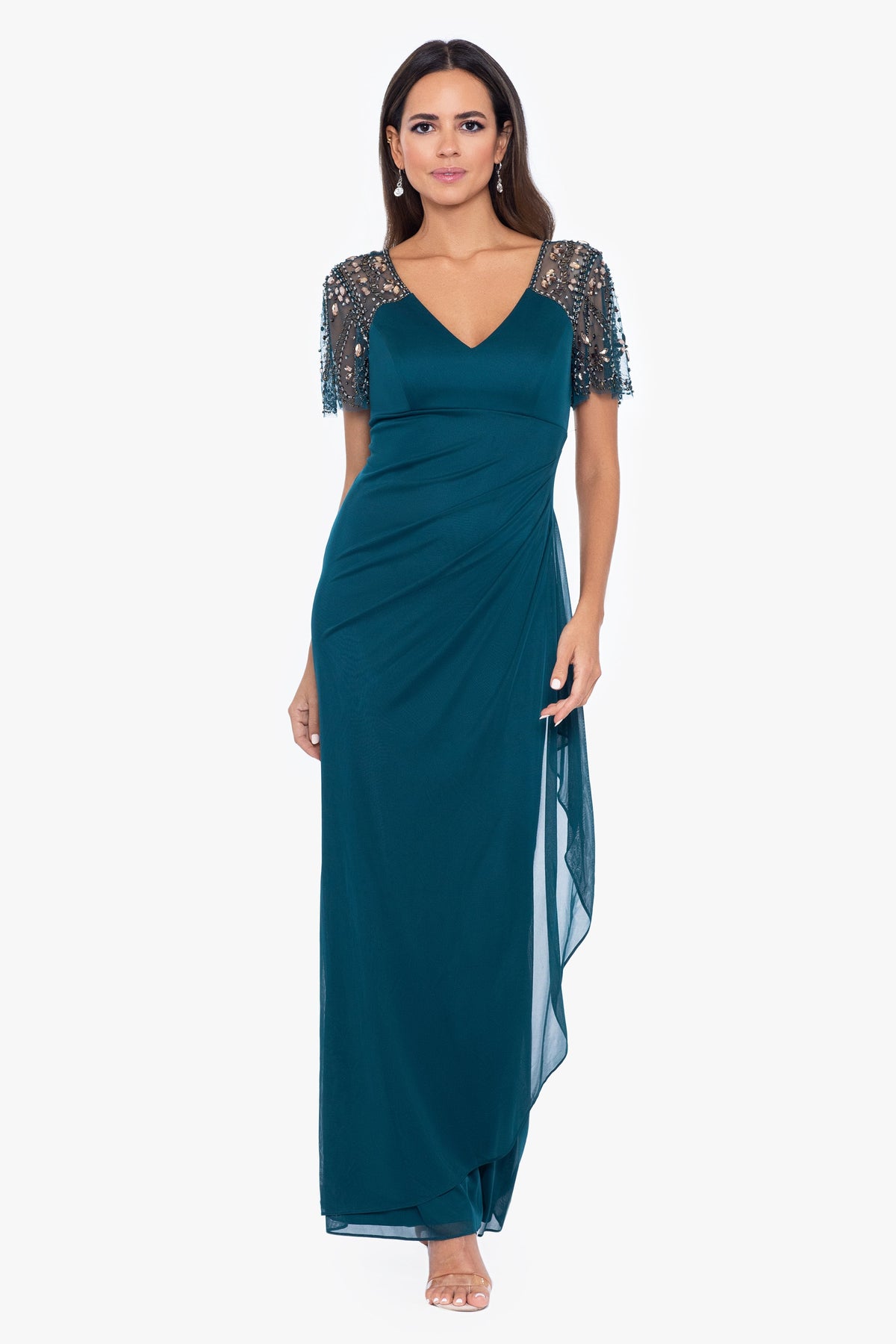 "Lana" Sheer Matte Jersey Beaded Flutter Sleeve Dress Neo Emerald