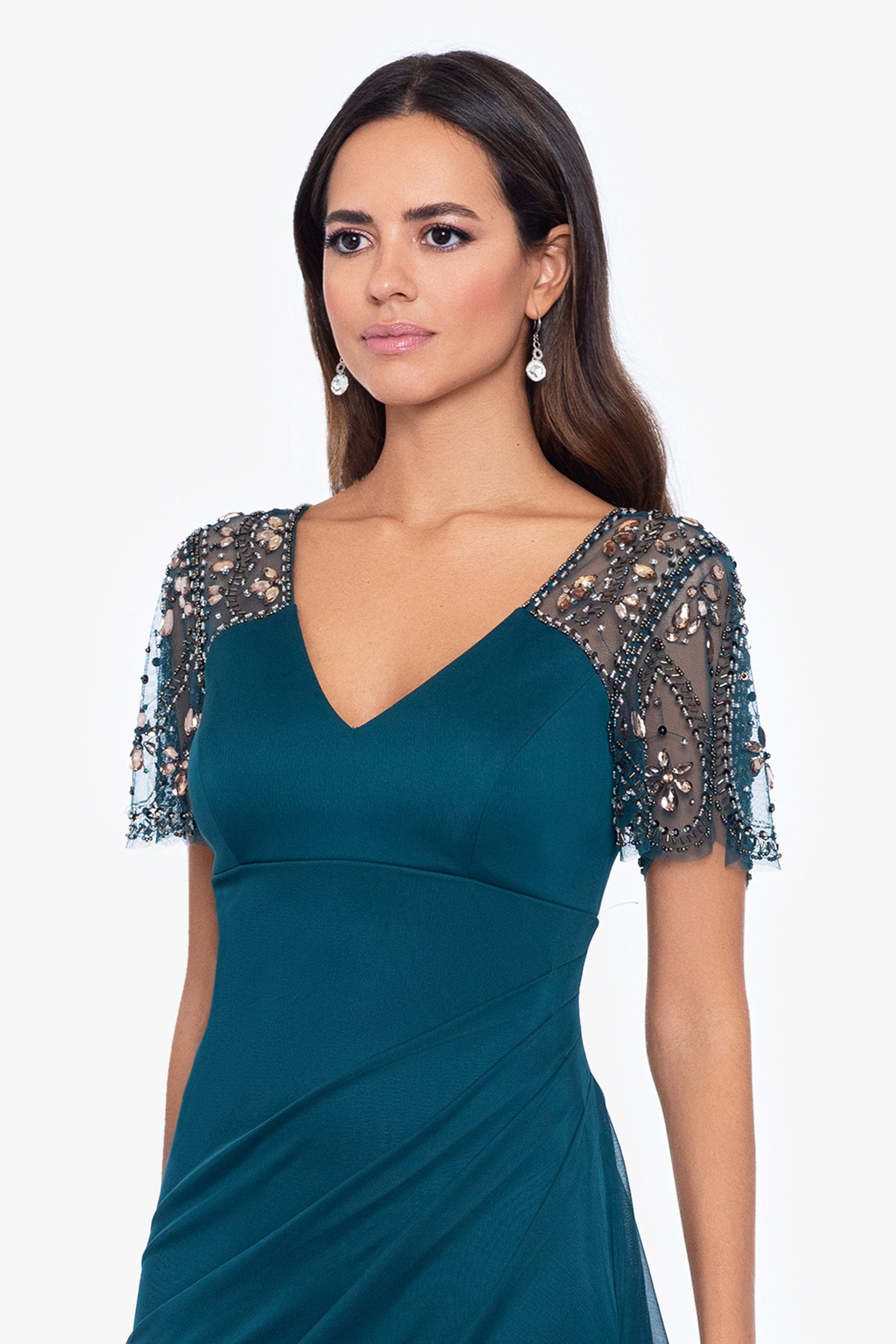 "Lana" Sheer Matte Jersey Beaded Flutter Sleeve Dress Neo Emerald