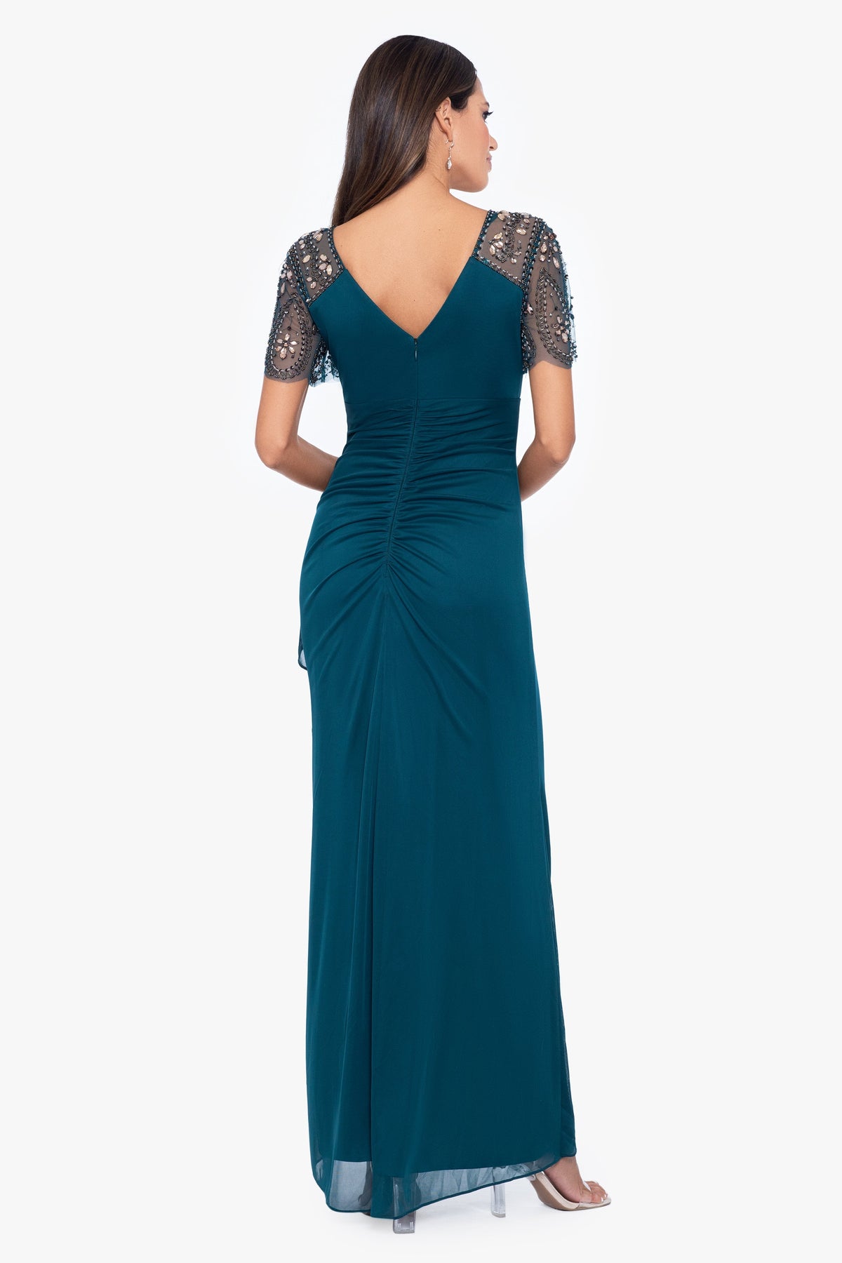 "Lana" Sheer Matte Jersey Beaded Flutter Sleeve Dress Neo Emerald