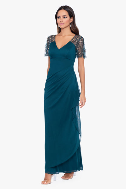 "Lana" Sheer Matte Jersey Beaded Flutter Sleeve Dress Neo Emerald