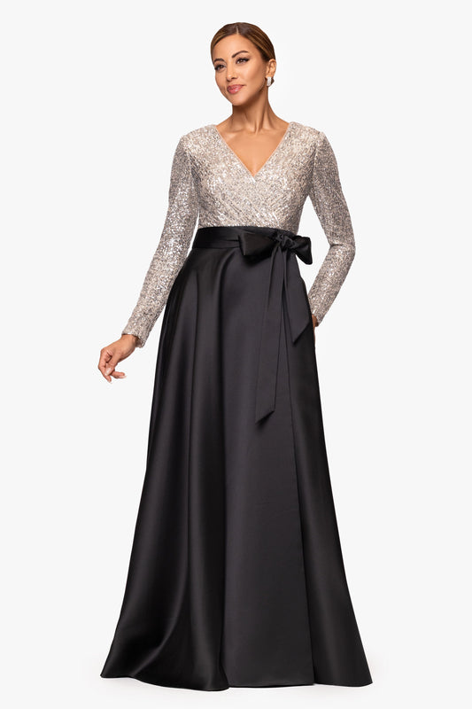 "Dixie" V-Neck Long Sleeve Sequin Top Waistband with Bow Gown Black/Nude/Silver