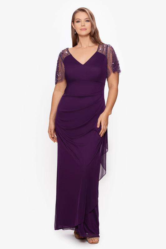 Plus "Lana" Sheer Matte Jersey Beaded Flutter Sleeve Dress Plum