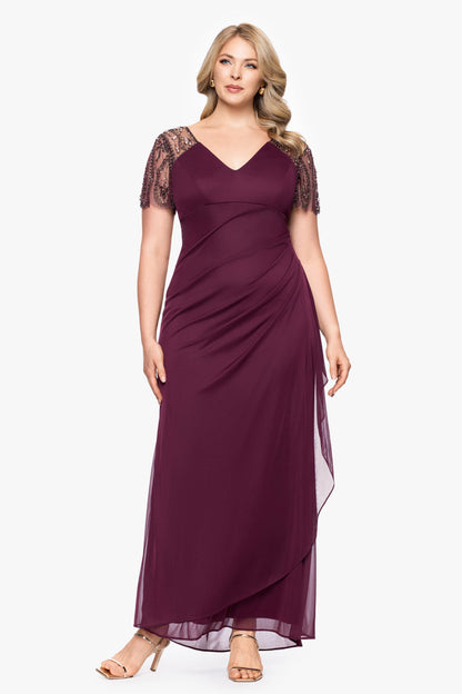 Plus "Lana" Sheer Matte Jersey Beaded Flutter Sleeve Dress Wine