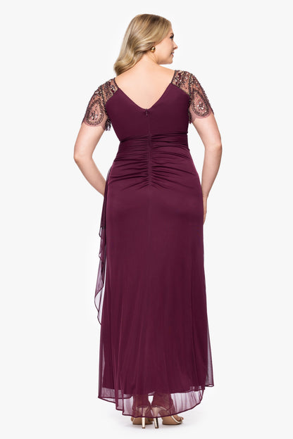 Plus "Lana" Sheer Matte Jersey Beaded Flutter Sleeve Dress Wine
