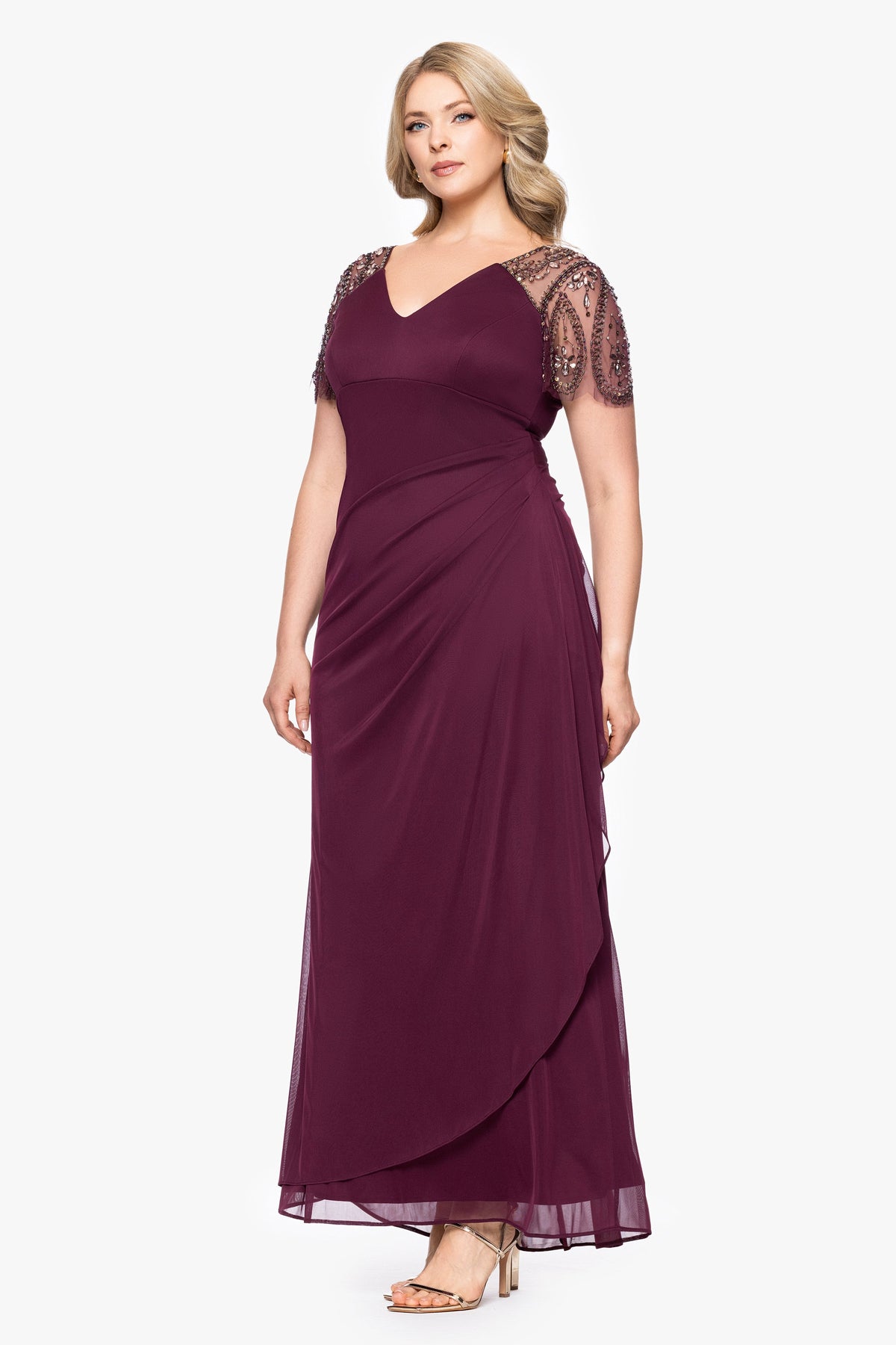 Plus "Lana" Sheer Matte Jersey Beaded Flutter Sleeve Dress Wine