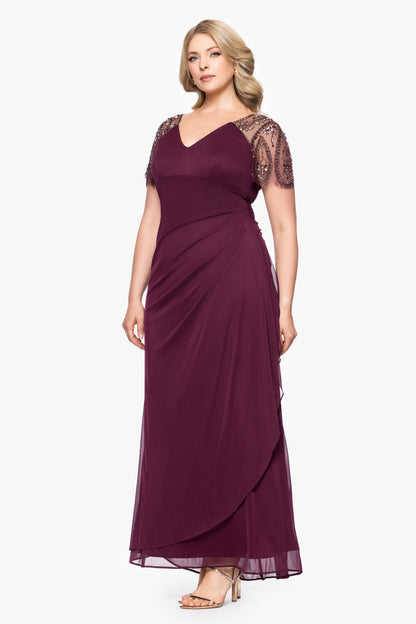 Plus "Lana" Sheer Matte Jersey Beaded Flutter Sleeve Dress Wine