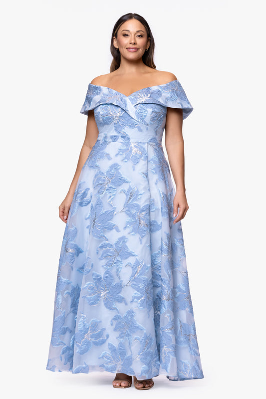 Plus "Alexi" Organza & Jacquard Off The Shoulder Dress Blue/Silver