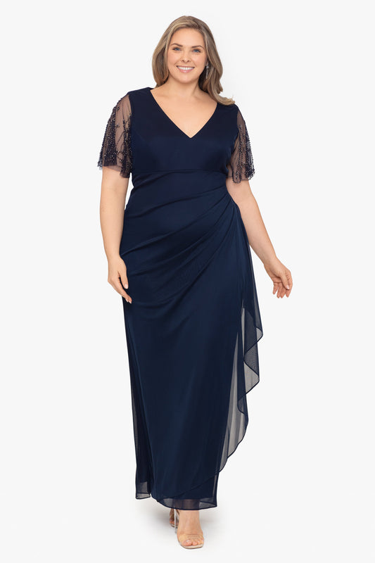 Plus "Janice" Jersey Embellished Sleeve Dress Navy/Gunmetal