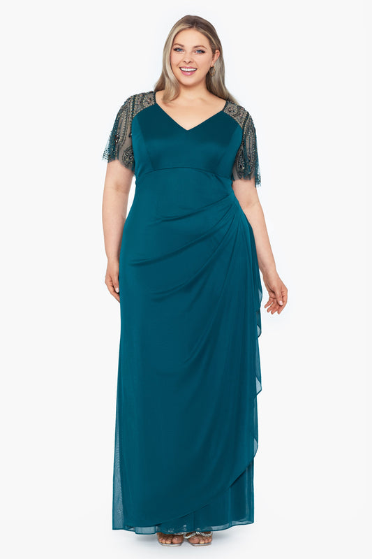 Plus "Lana" Sheer Matte Jersey Beaded Flutter Sleeve Dress Emerald