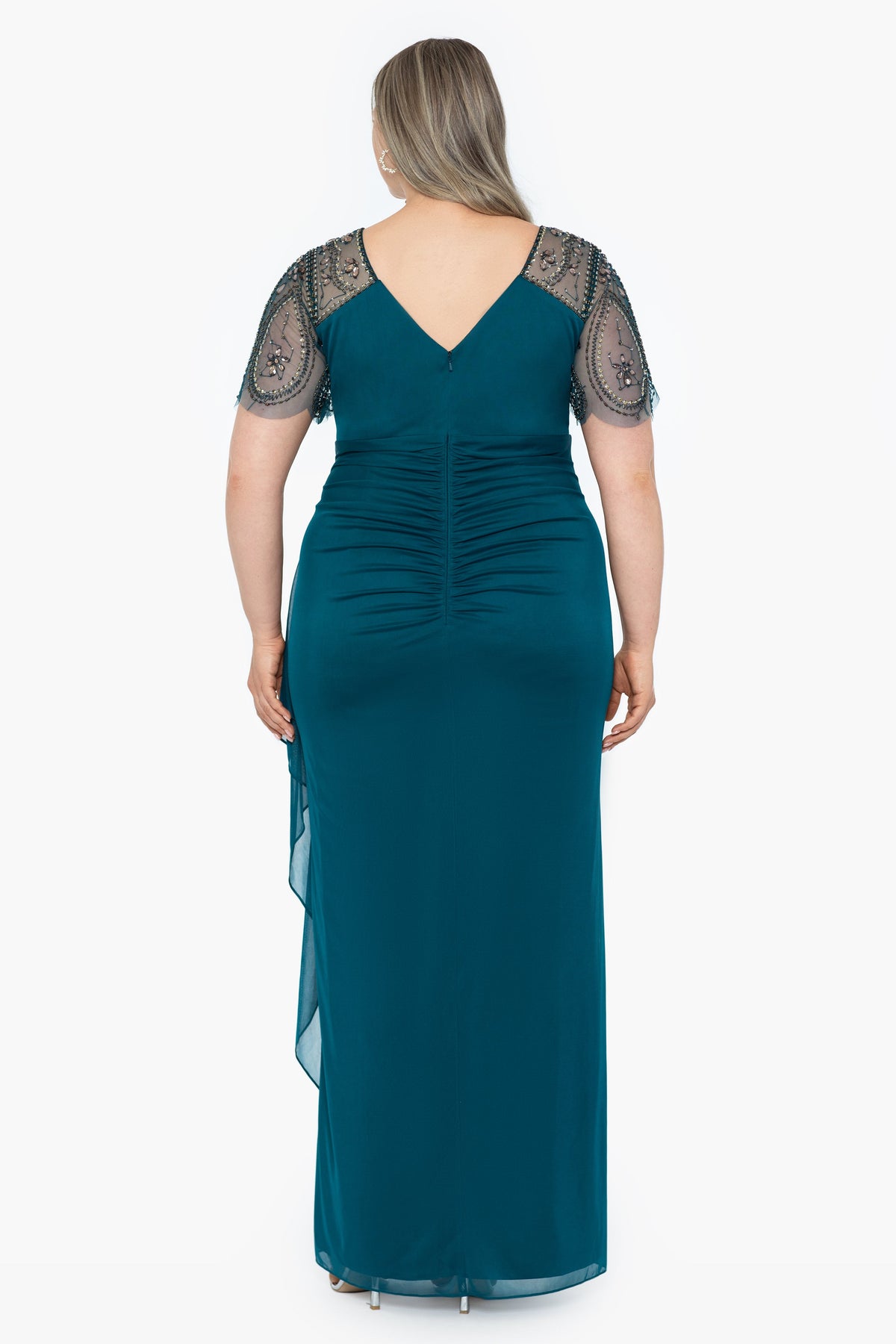 Plus "Lana" Sheer Matte Jersey Beaded Flutter Sleeve Dress Emerald