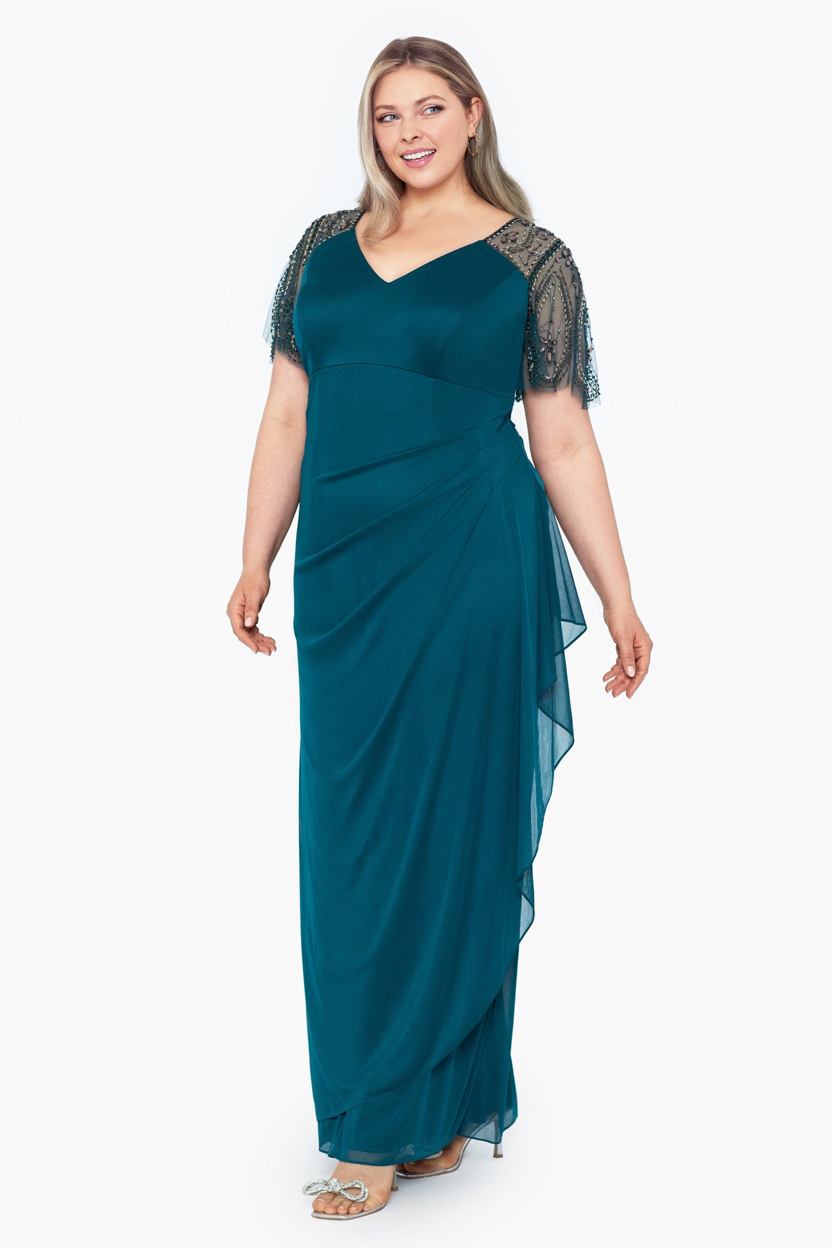 Plus "Lana" Sheer Matte Jersey Beaded Flutter Sleeve Dress Emerald