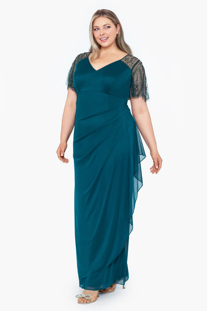 Plus "Lana" Sheer Matte Jersey Beaded Flutter Sleeve Dress Emerald
