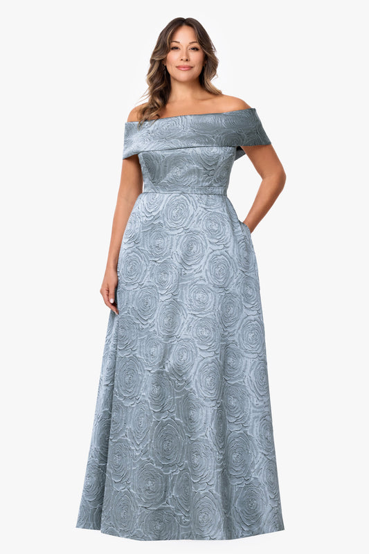 Plus "Gloria" Brocade Off The Shoulder Dress Slate
