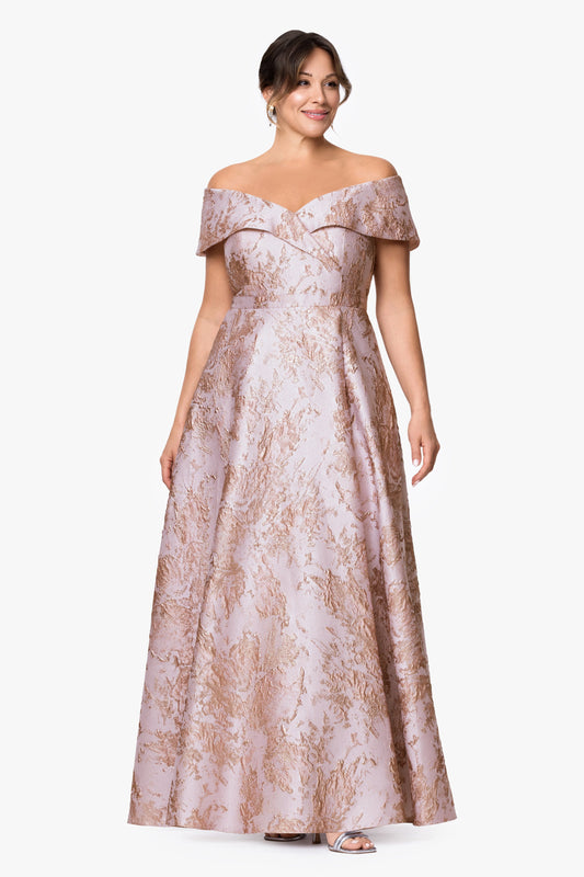 Plus "Daphne" Brocade Off Shoulder Dress Blush/Gold