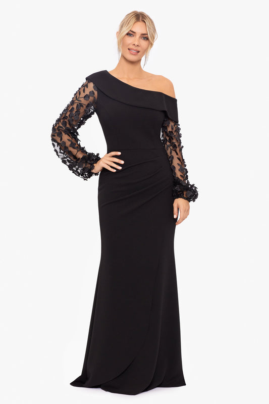 Petite "Ariana" Off the Shoulder Long Sleeve Scuba Crepe Dress Black