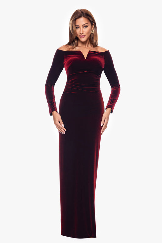 Petite "Christy" Off the Shoulder Velvet Dress Burgundy