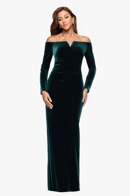 Petite "Christy" Off the Shoulder Velvet Dress Hunter