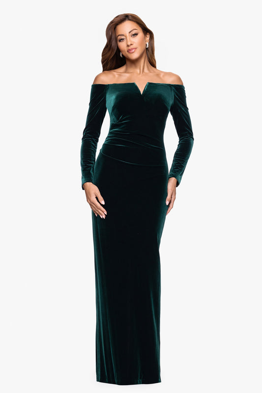 Petite "Christy" Off the Shoulder Velvet Dress Hunter