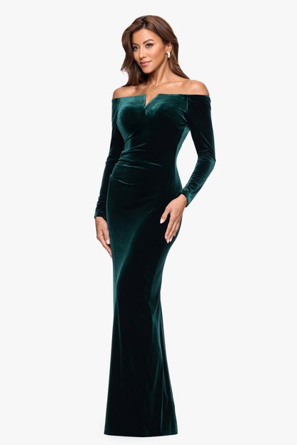 Petite "Christy" Off the Shoulder Velvet Dress Hunter