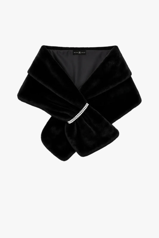 "Betty" Faux Fur Pearl Trim Shawl Wrap Black